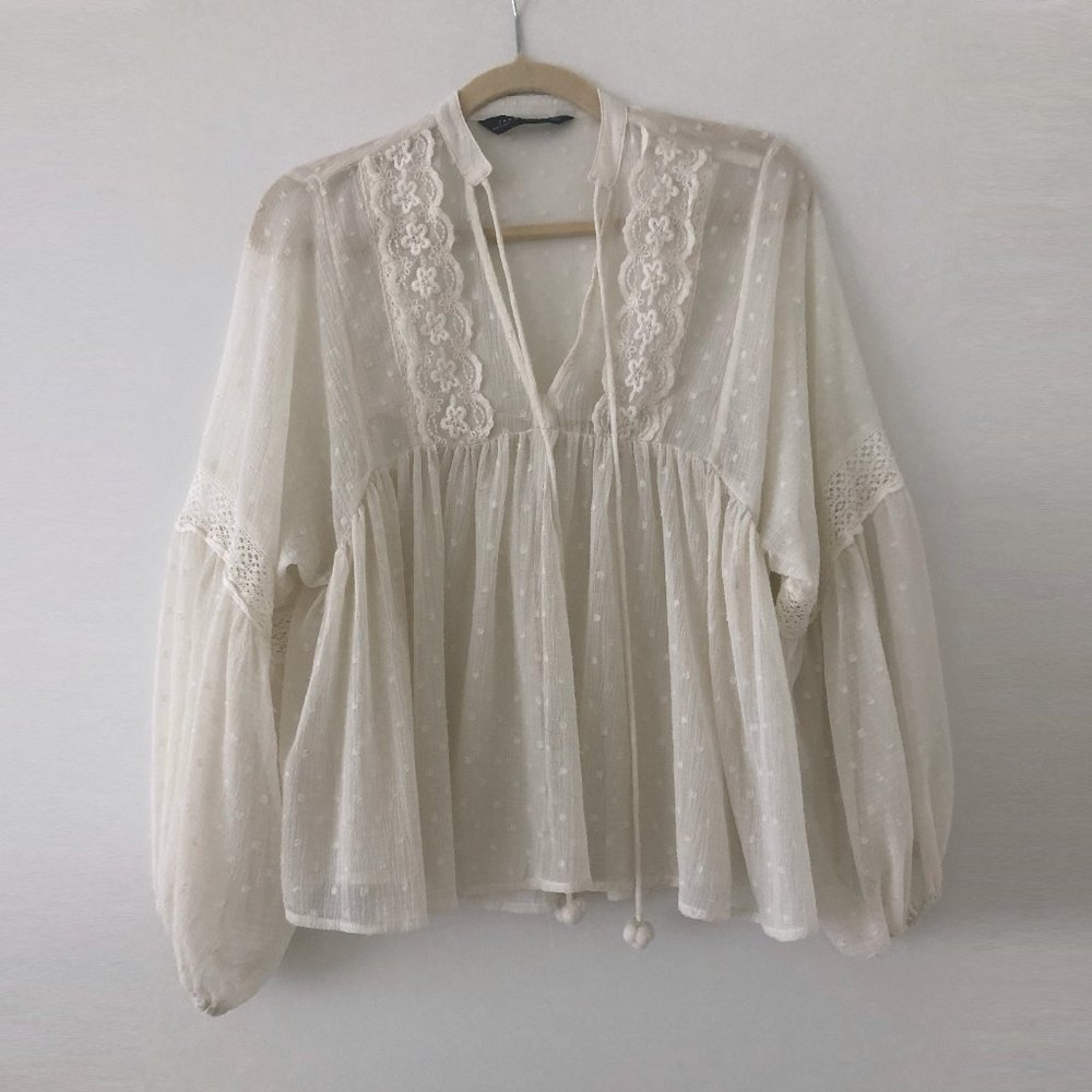 Zara Dotted Mesh Blouse with Lace